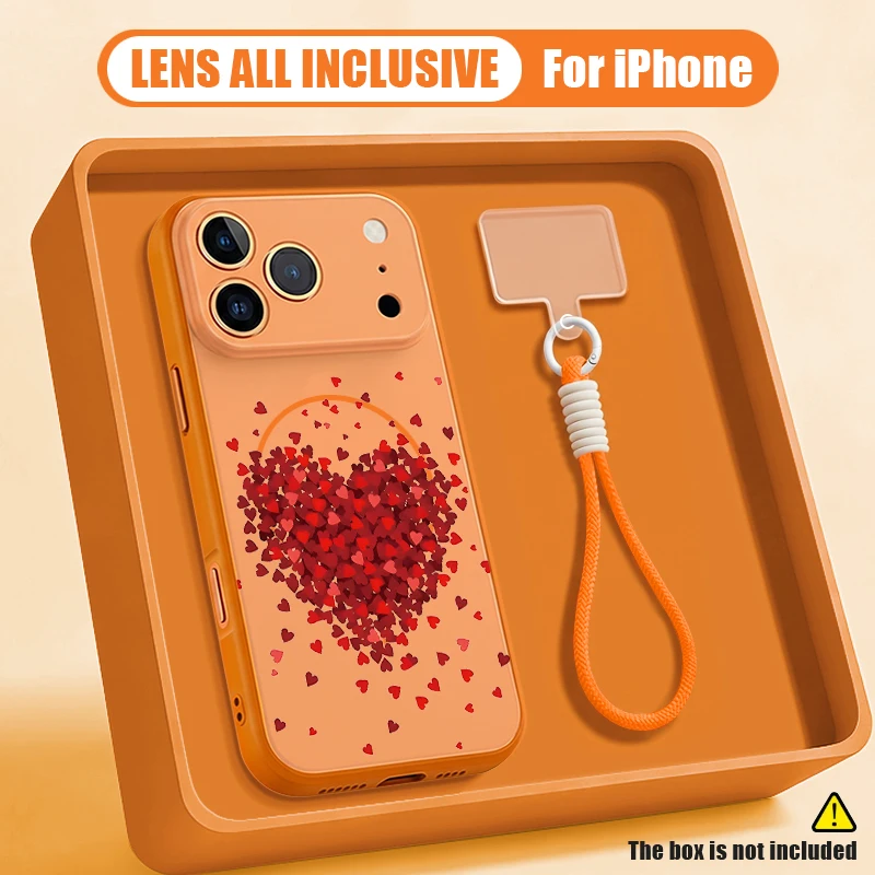 Love Heart Pattern Magnetic Phone Case For iPhone 17 16 Pro 15 14 13 Pro Max For Magsafe Wrist Strap Lanyard Hard PC Back Cover view 2