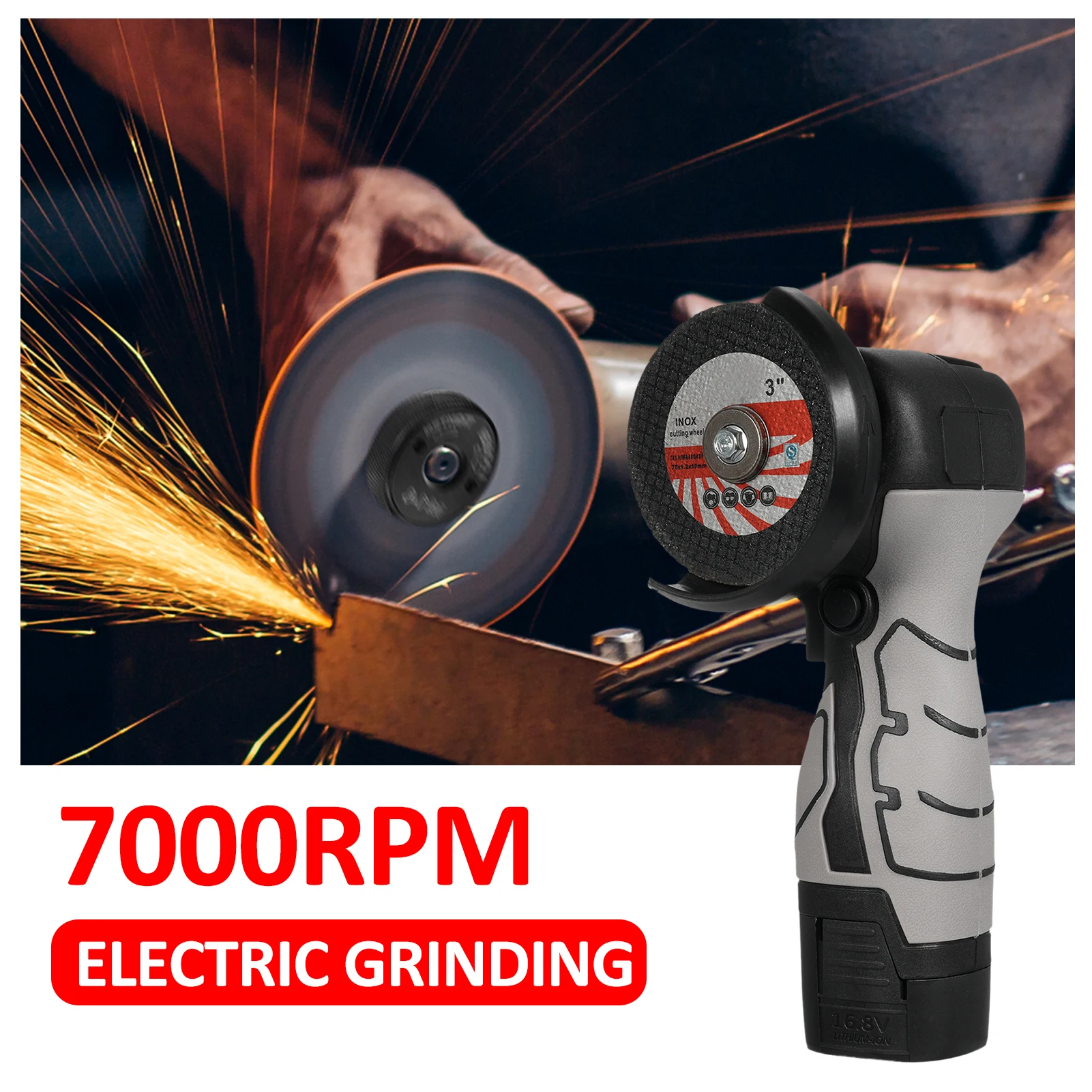 The Angle grinder is equipped with 1 16.8V 2000mAh battery and blades, and is used for cutting polished tiles, wood, stone