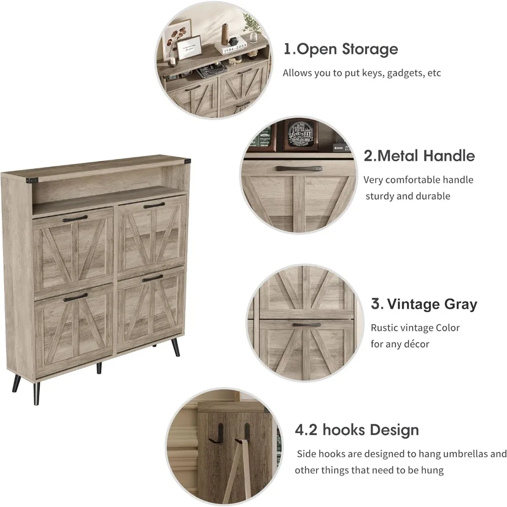 خزانة أحذية ذات طراز ريفي مع 4 أدراج، رف تخزين نحيف للمدخل، منظم رف مفتوح #3