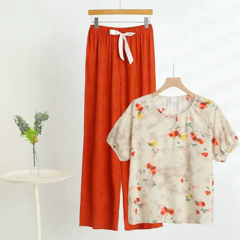 High Quality Cotton Sateen Womens Pullover Pajama Set  Fashionable Loungewear Short Sleeve Top and Pants Separates