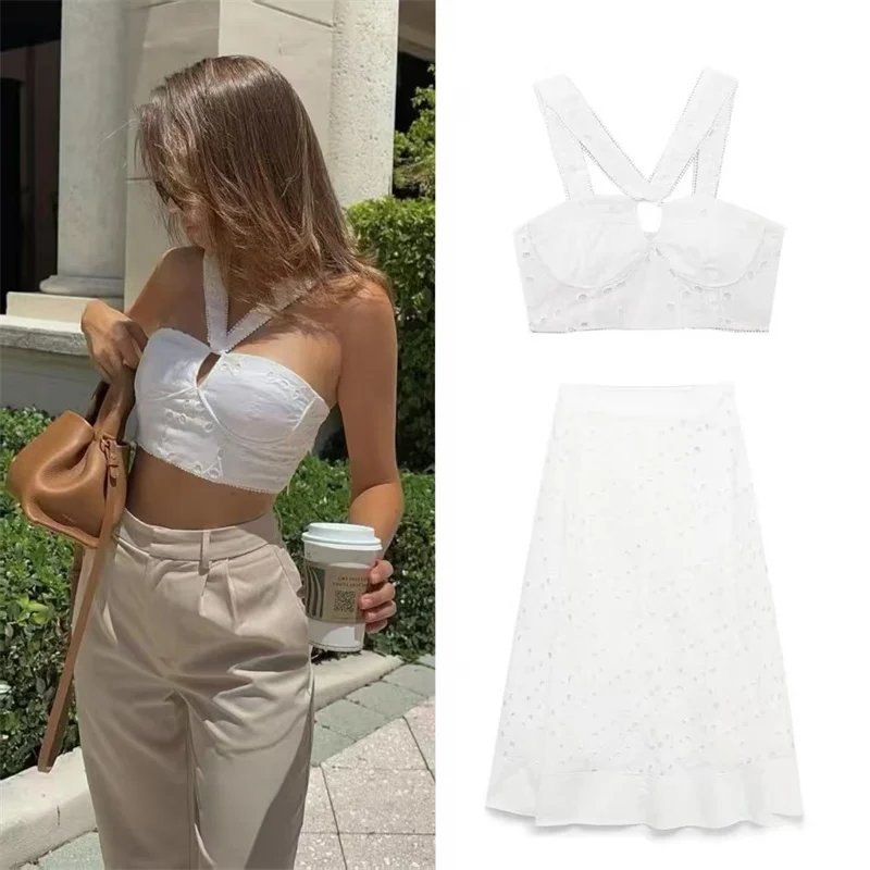 

2026 Summer New Women's Jacket White Embroidered Hollow-Out Decorative Tight-Fitting Corset and Long Skirt Set Trendy