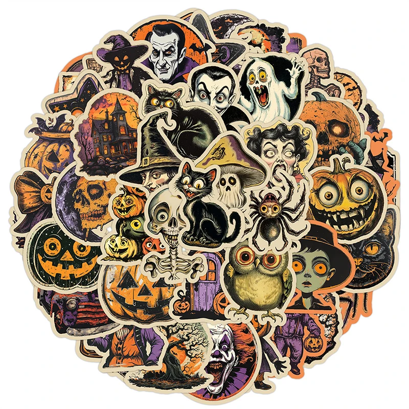 50PCS Non-Repeating Halloween Pumpkin Theme Stickers Halloween Crafts Party Gifts Sticker Waterproof Vinyl Laptop Water Bottle