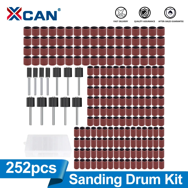 XCAN 252pcs Sanding Drum Set 80 Grit 1/2 1/4 3/8 Inch Sand Mandrel For Dremel Rotary Tools Abrasive Tools Sanding Band Polishing