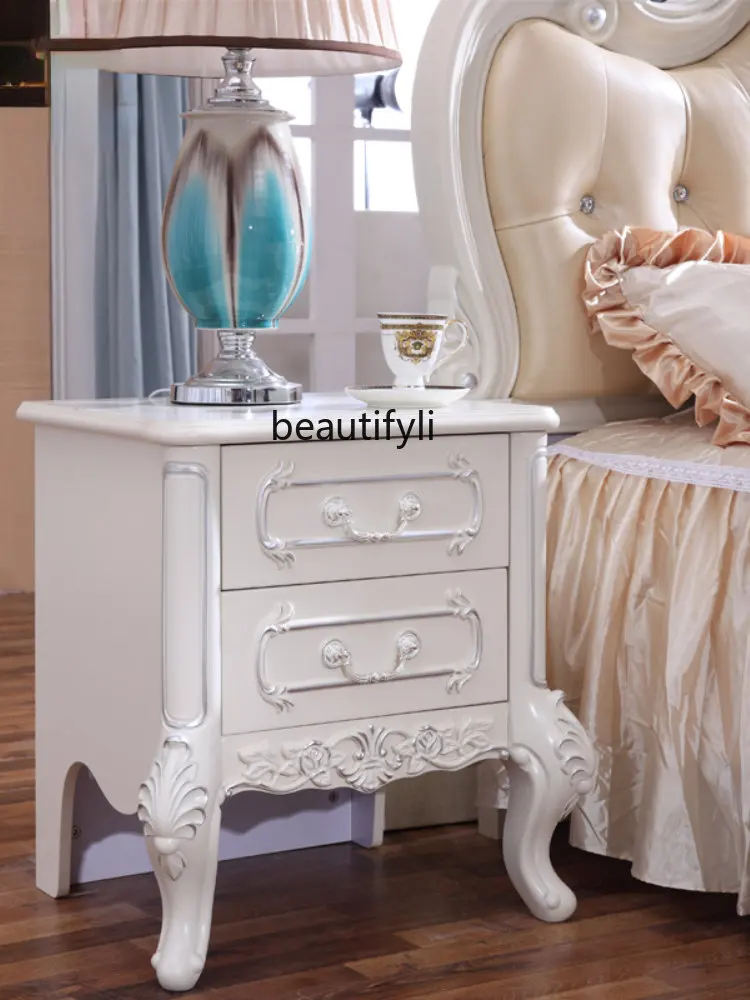 yj European-Style Bedside Table White Carved Paint Solid Wood Simplicity Assembly Locker Storage Cabinet