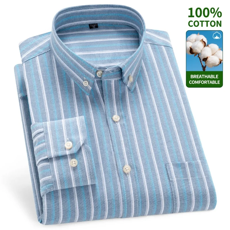 New 100% Cotton Oxford Men's Shirts Long Sleeves Plaid Soft Regular Fit Formal Dress Shirt Pocket Social Blouse Male Clothes 7XL