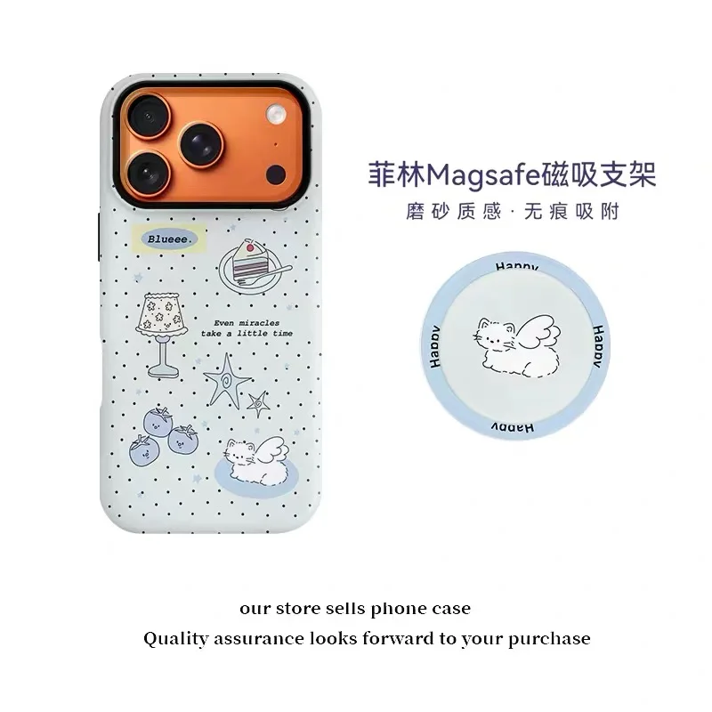 

Light Green Polka-dot Angel Cat Phone Case for IPhone 17 16 Pro 15 14 13 12 11Pro Max Cover with Magsafe Cute Stand Holder Cases