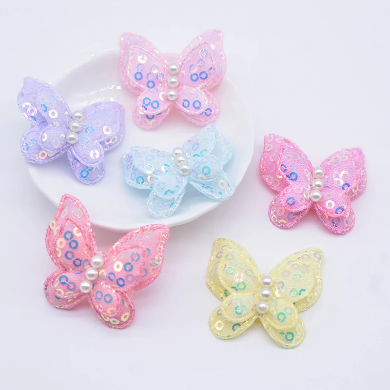 12Pcs 40*35mm Padded Sequins Double Butterfly Appliques for DIY Headwear Hair Clips Bow Decor Clothes Hat Shoes Sewing Patches