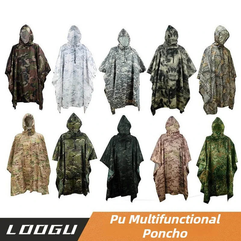 PU Breathable Camouflage Poncho Jungle Tactical Raincoat Bionic Birdwatching CS Hunting Ghillie Suit Travel Hiking Rain Gear