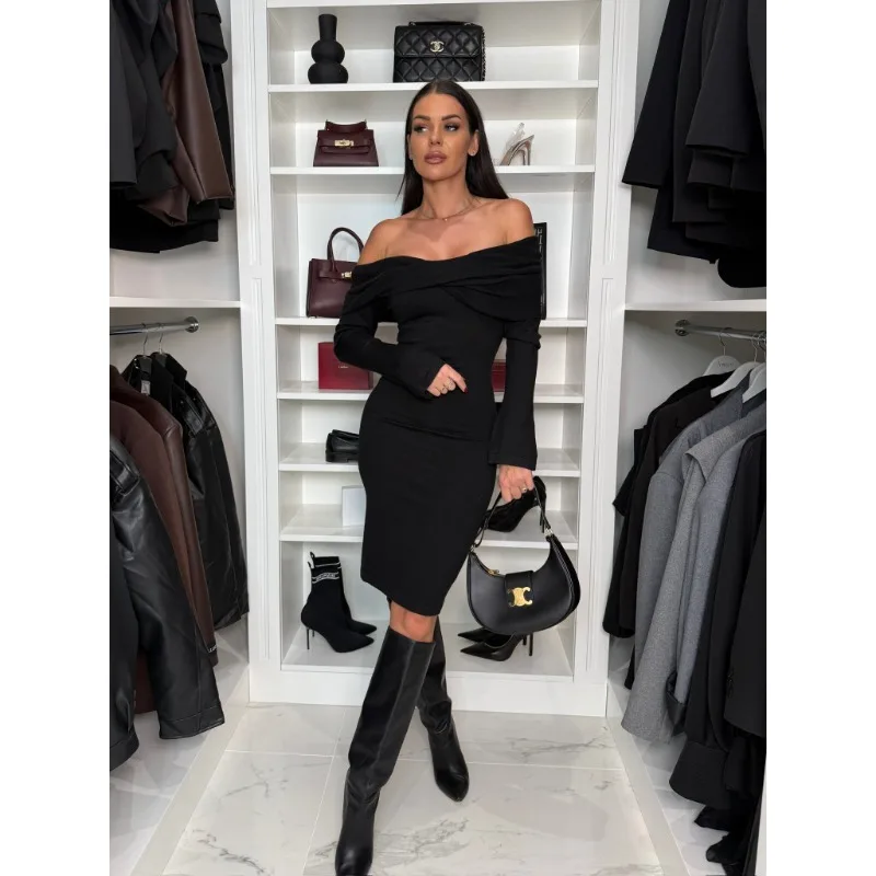 جديد وصول المرأة طويلة الأكمام عارضة الصلبة اللون فستان طويل السيدات أزياء أنيقة سليم صالح حزب فساتين