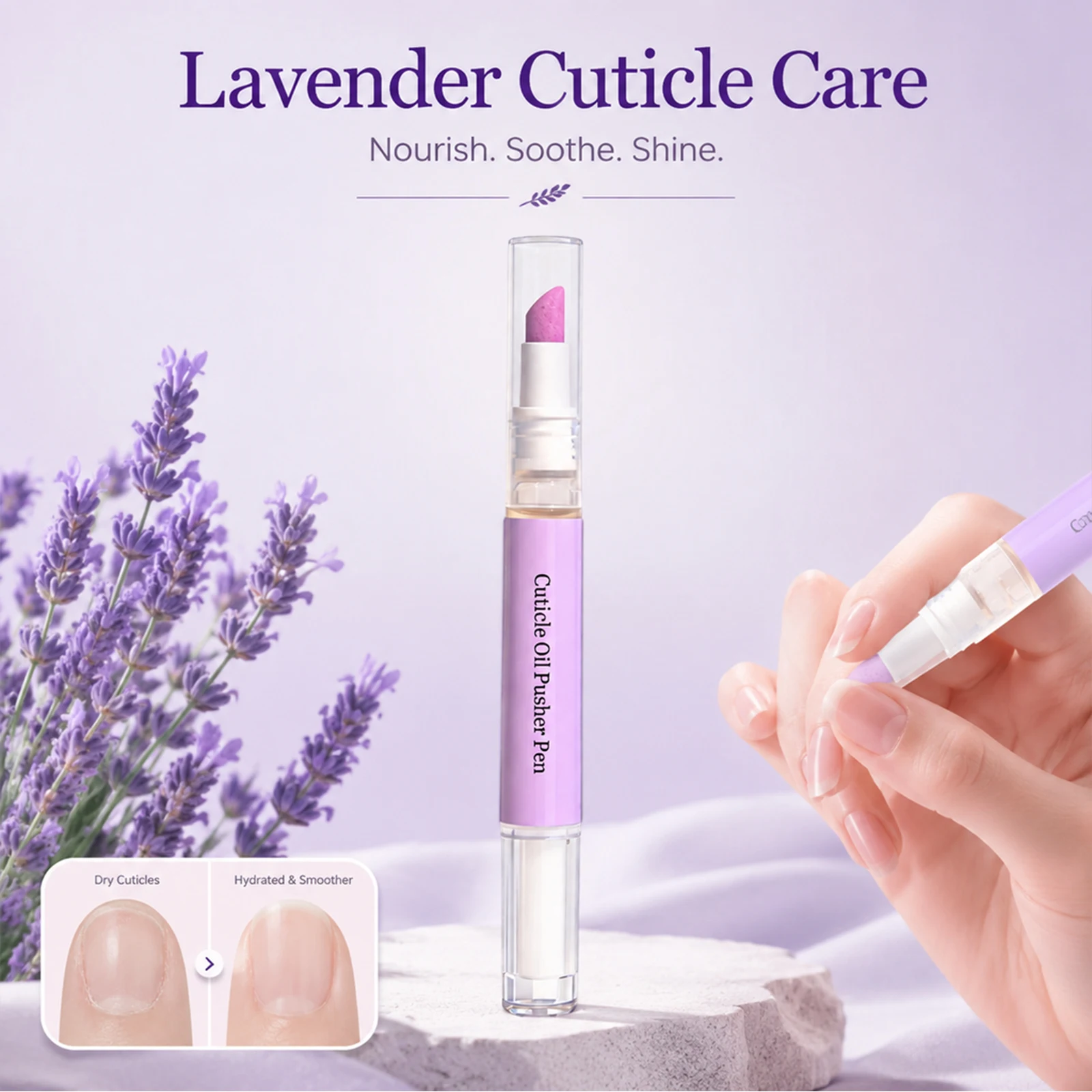 2 in 1 Cuticle Oil Pusher Pen Lavender Nourishing Hydrating Softening Nail Care Portable Manicure Tool For DryHands CuticleCream view 2