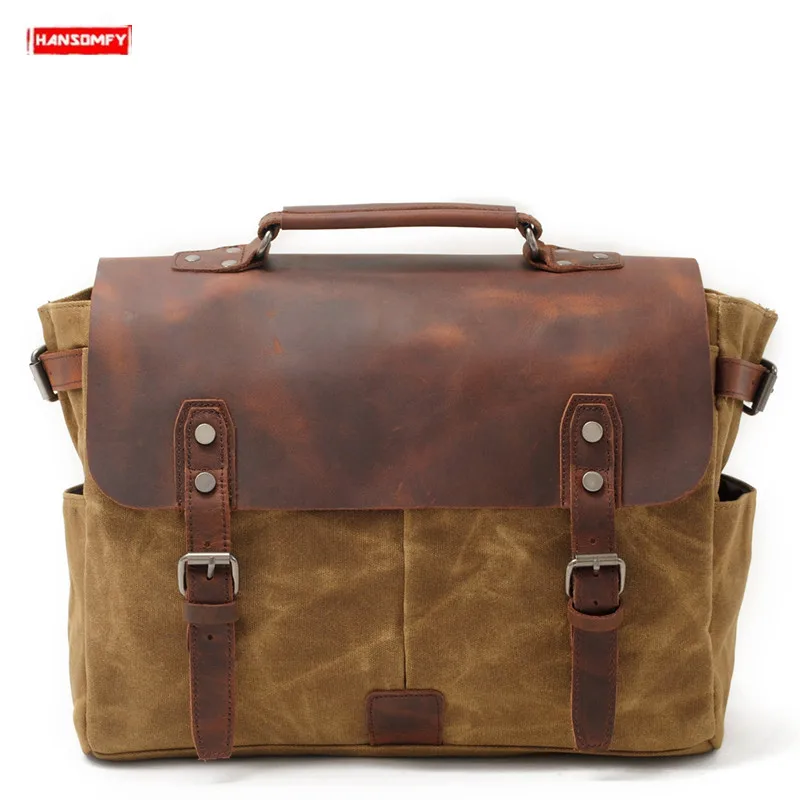 

Retro Men Bag Laptop Shoulder Messenger Bag Slung Handbag Computer Bag Official Knight Motorcycle Bag Canvas Crazy Horse Leather