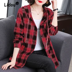 Women Classic Vintage Plaid Print Drawstring Button Hooded Shirt Casual Streetwear Oversize Blosue Female Long Sleeve Tunic Tops