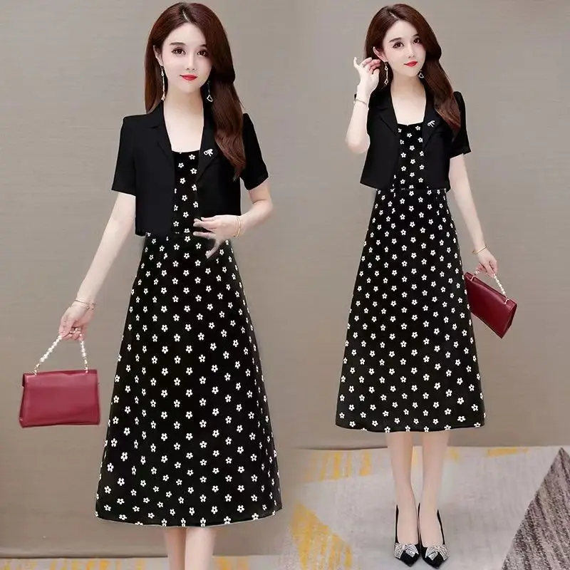 

2024 Summer New in Matching Set Women's Fashion Shorts Blazer Coat+Strap Print Dress Two Piece Korean Elegant Midi Skirt Suit