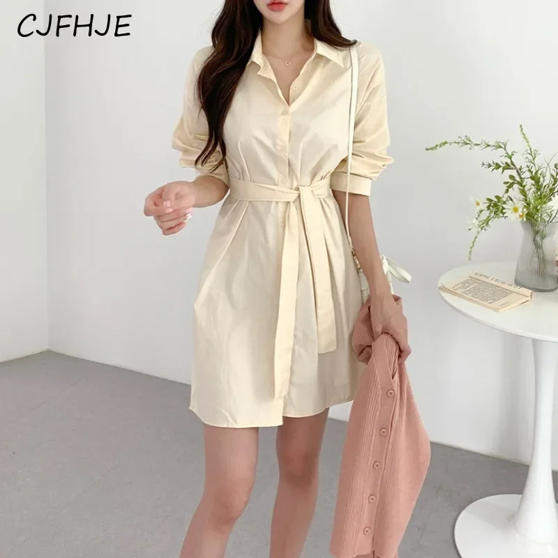 CJFHJE Primavera Moda Versátil Lace Up Camisa Feminina Vestido Coreano Gola Flip Único Breasted Mulheres Vestido Clássico de Manga Comprida