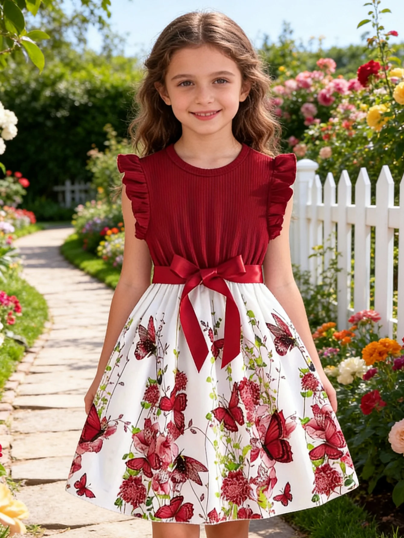 

Красное расклешенное платье для девочек с бабочками и цветами – в стиле милой принцессы – модное повседневное/праздничное платье с цветочным принтом на день рождения, отличный выбор для подарка