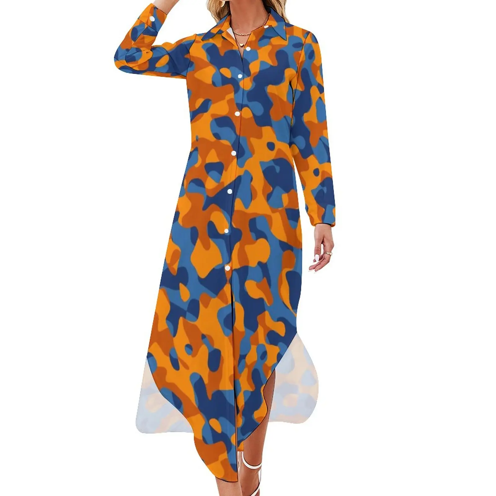 Blue And Orange Camo Chiffon Dress Camouflage Beach Dresses Woman Long Sleeve Streetwear V Neck Graphic Oversized Casual Dress