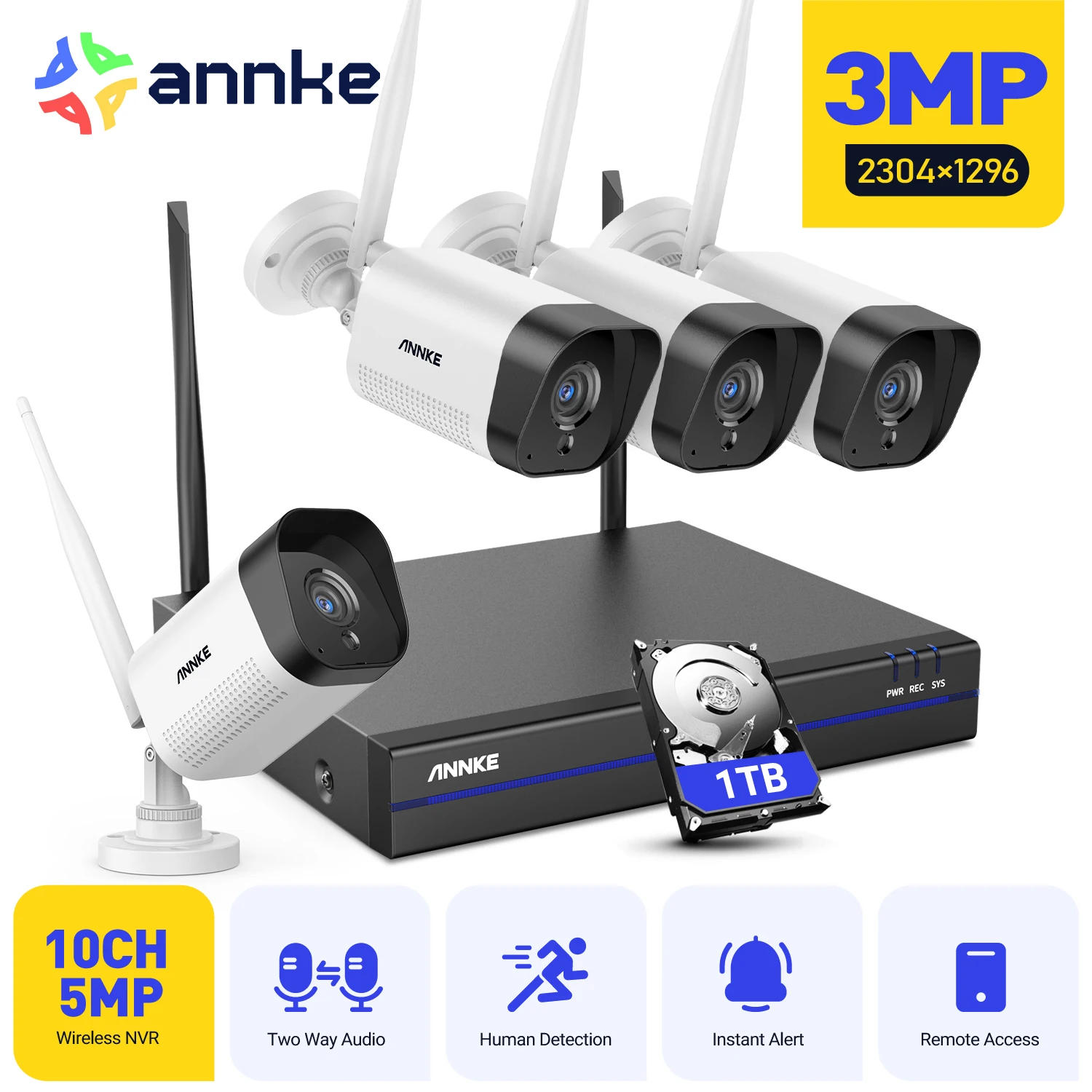 ANNKE 8CH 3MP FHD Wireless Video Security System 10inch LCD Screen NVR 4PCS 2MP Bullet IP Camera Outdoor CCTV Surveillance Kit