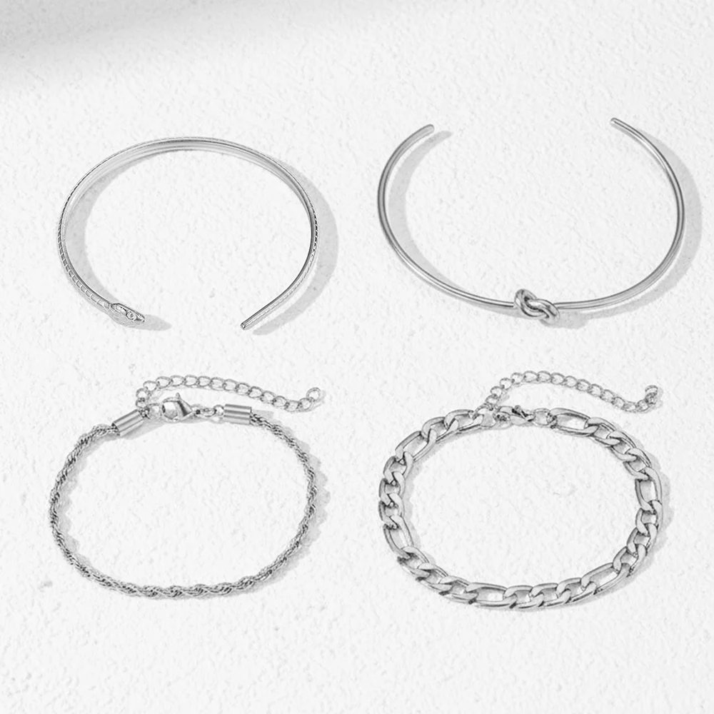 DGIDDK Stainless Steel Snake-Knot Open Bangle Minimalist Punk Chain Bracelet Luxurious Multi-Layer Stackable Wrist Jewelry Set