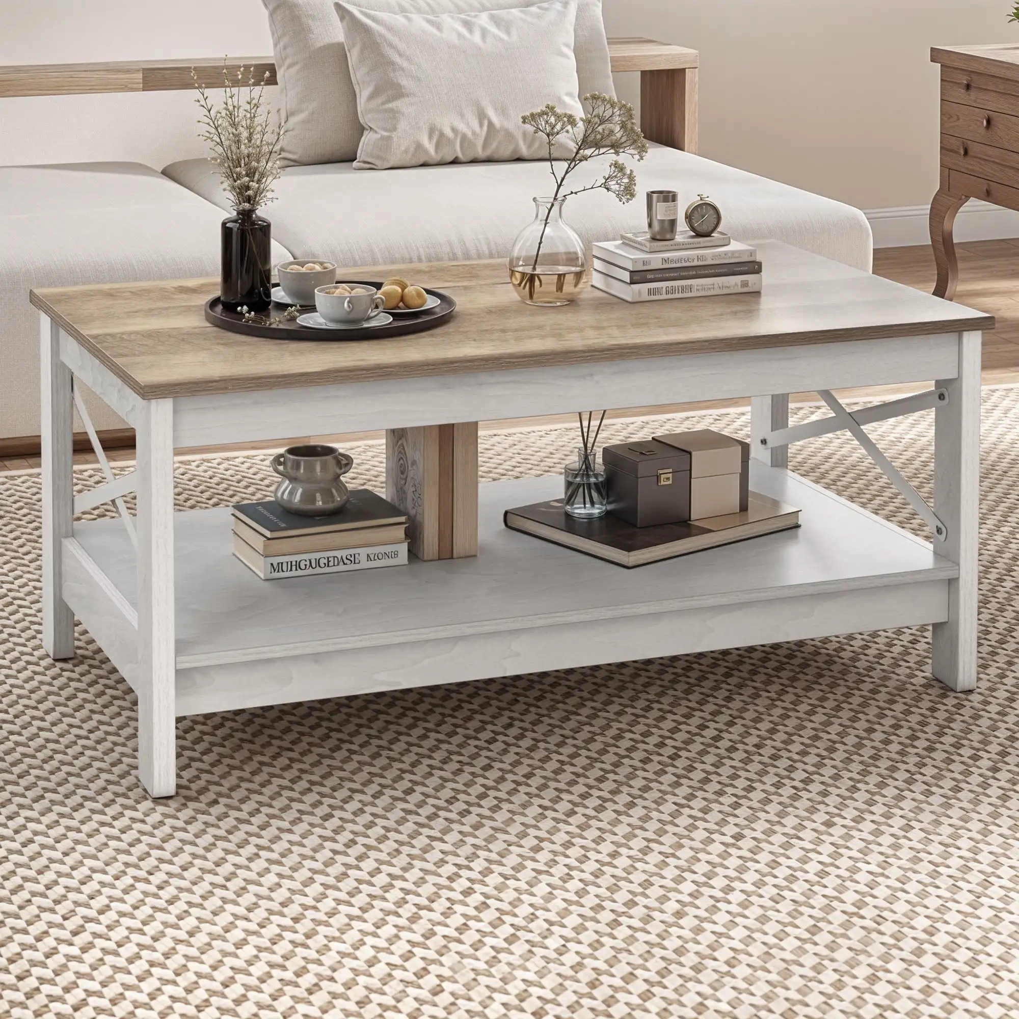 Dextrus Farmhouse Rustic Wood Coffee Table with Open Storage Shelf, Oak