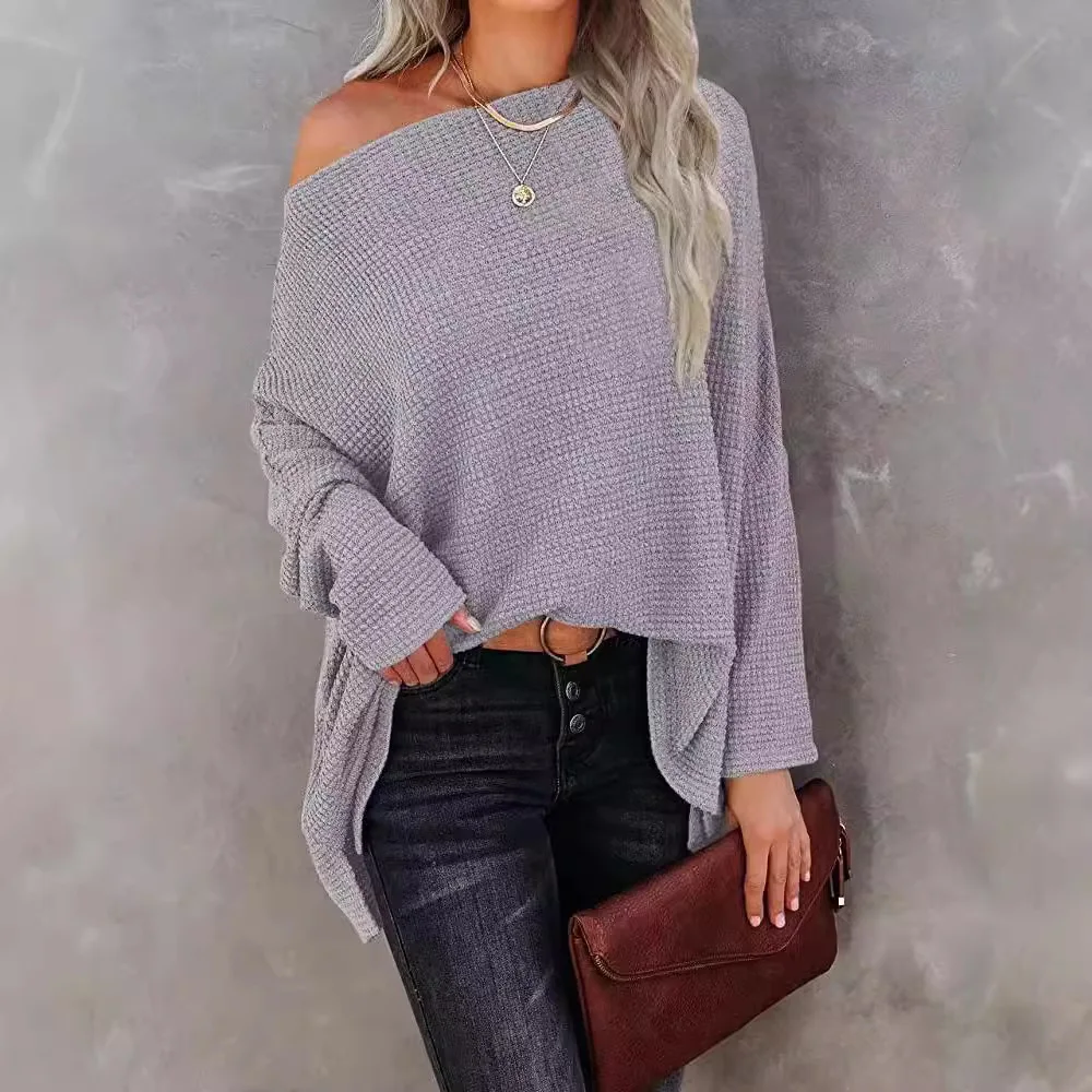 Новый простой пуловер с длинными рукавами, вязаный свитер, женский повседневный свободный красный свитер с разрезом на шее, осенне-зимняя одежда, топы