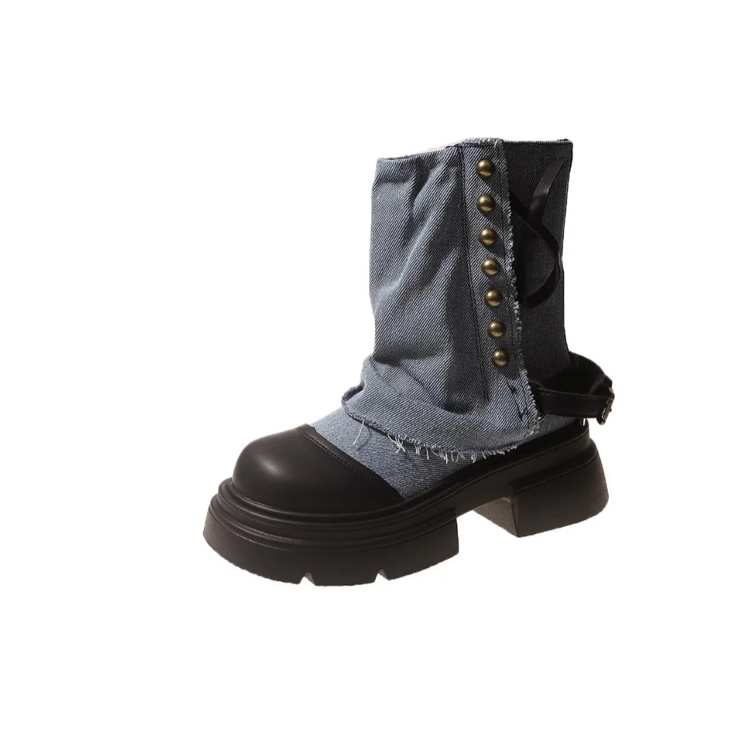 Women Boots British Fashion Pants Leg Boots New Thick Soled Rivet Zipper Belt Buckle Platform Anti Slip Cowboy Short Boots view 4