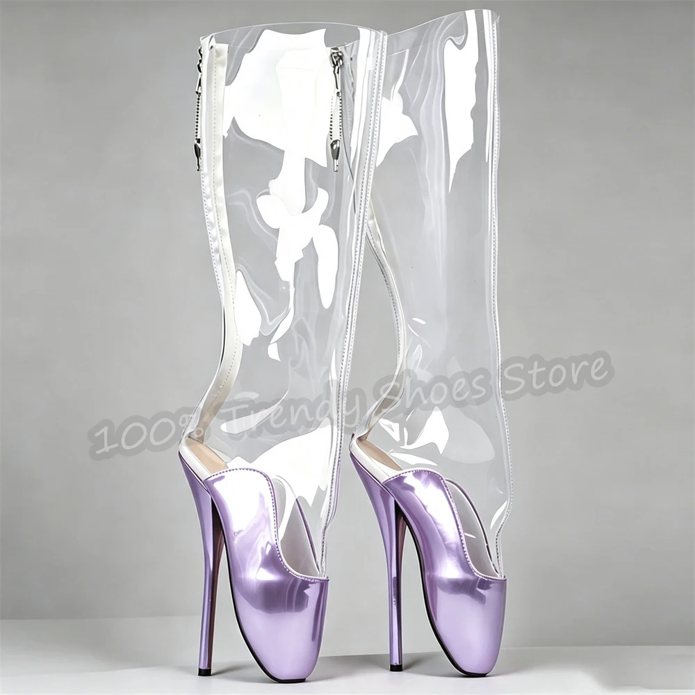 Transparente PVC-Spleiß-Unisex-Ballett-Kniehohe Stiefel 18cm Hoher Absatz Plateau Reißverschluss Lange Stiefel Damen Party Pole Dance Schuhe