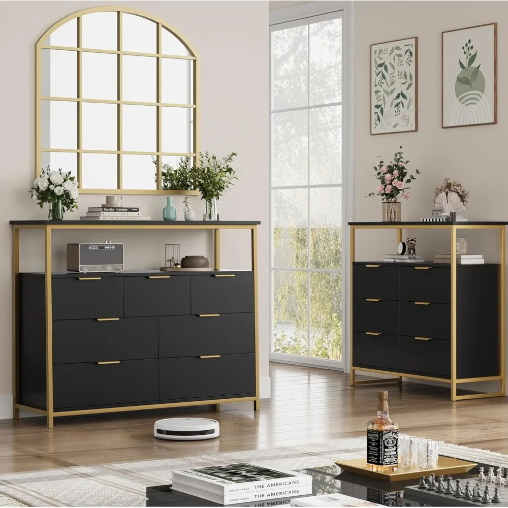 خزانة سوداء واسعة ذات 7 أدراج مع مقابض معدنية حديثة لتخزين كافية