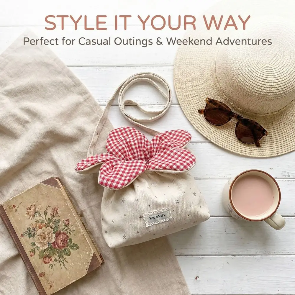 

Сумка-мессенджер через плечо с цветочным узором и завязками, в корейском стиле, милая, с блестящими звездами и цветами, из ткани в клетку, холщовая, для улицы