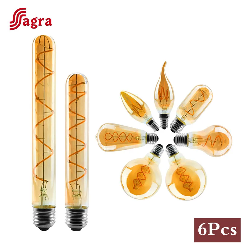 

6pcs/lot Retro LED Spiral Filament Light Bulb 4W 2200K 220V E14 E27 C35 A60 T45 ST64 T185 T225 G80 G95 Vintage Edison LED Lamp