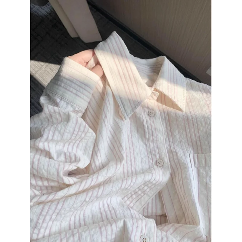 

Женская рубашка в розовую полоску с допамином, весна 2025 года, корейская свободная рубашка в ленивом стиле, куртка, кардиган с длинными рукавами