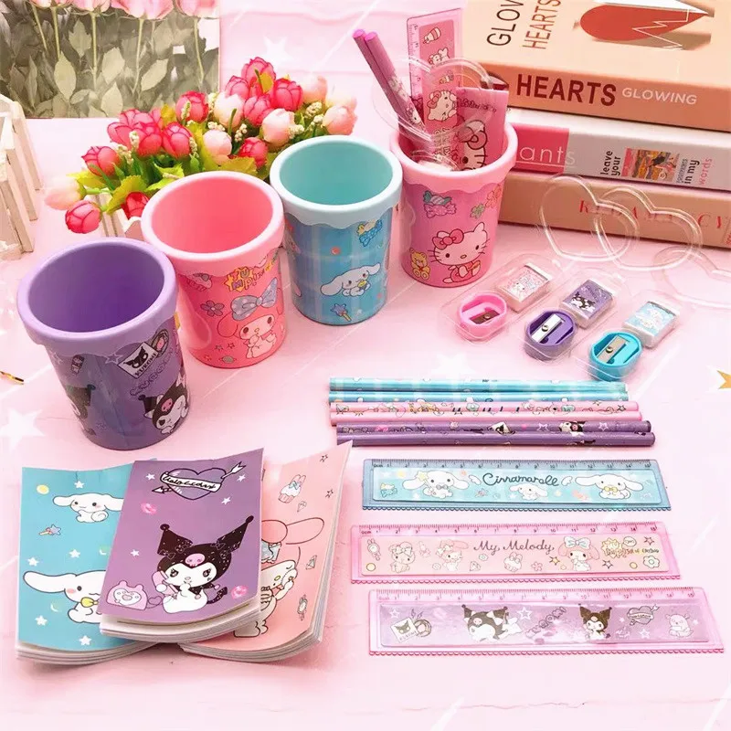 Sanrio Stationery Set Hello Kitty Cinnamoroll Kuromi Pen Holder School Book Student Children Ruler Pencil Eraser Gift Prizes