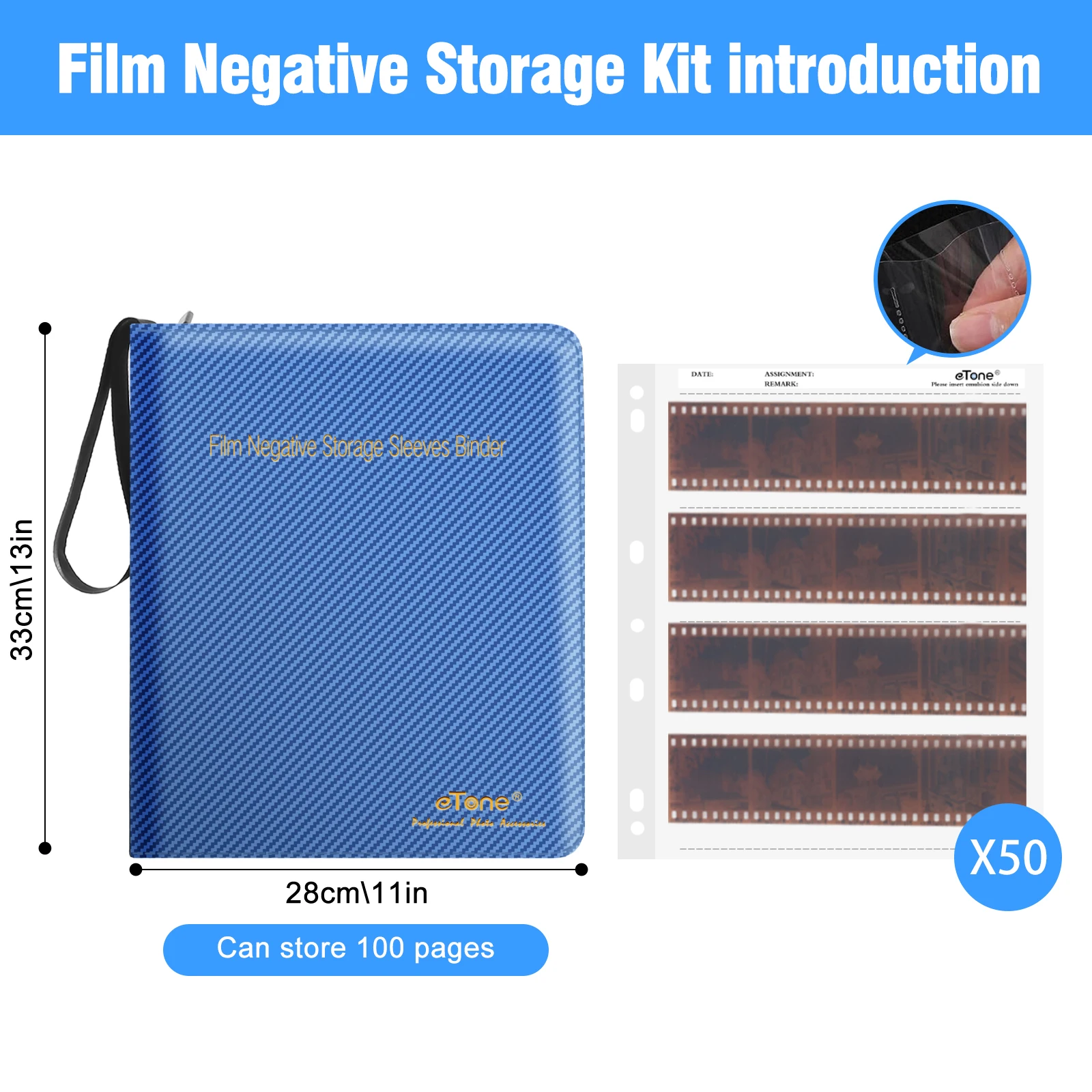 New eTone Film Negative Sleeves Binder Blue Zipper Album with 50pcs 120 Acid-Free Negative Storage Pages Darkroom Accessories
