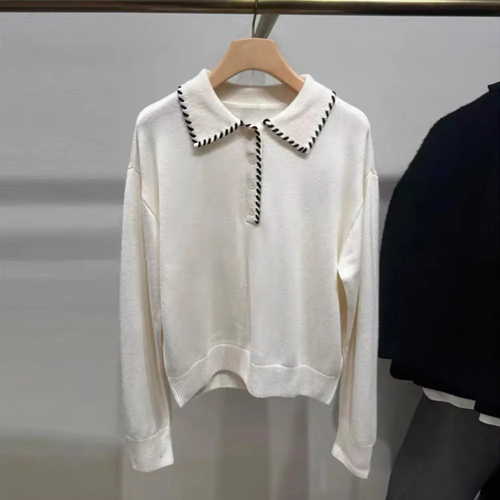 High-End Version European Sle Casual Long Sve Knitted irt Collar Women's Autumn Winter White Stitching Design Faion