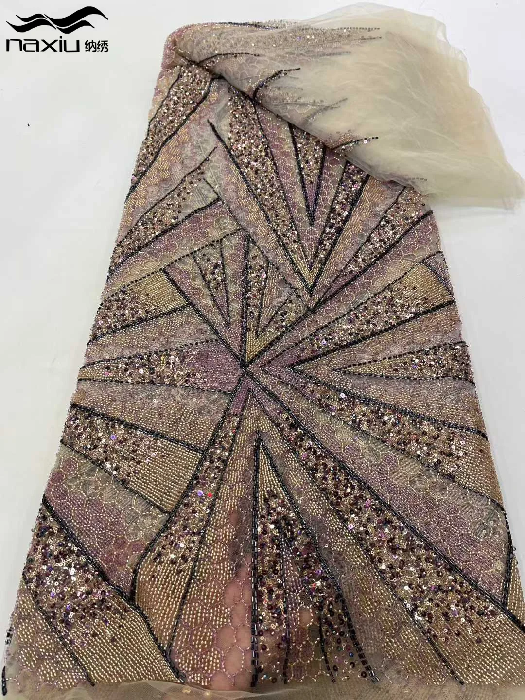 

Madison African Heavy Lace Fabric Handmade Beaded Lace Fabric France Nigerian Sequins Embroidery Bridal Mesh Lace Fabric For Sew