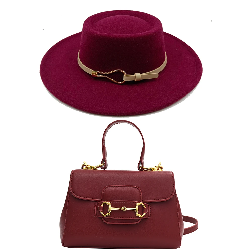 Women\'s metal leather buckle accessories with concave and convex top fur felt hat fashion matching fedora hat and bag set retro