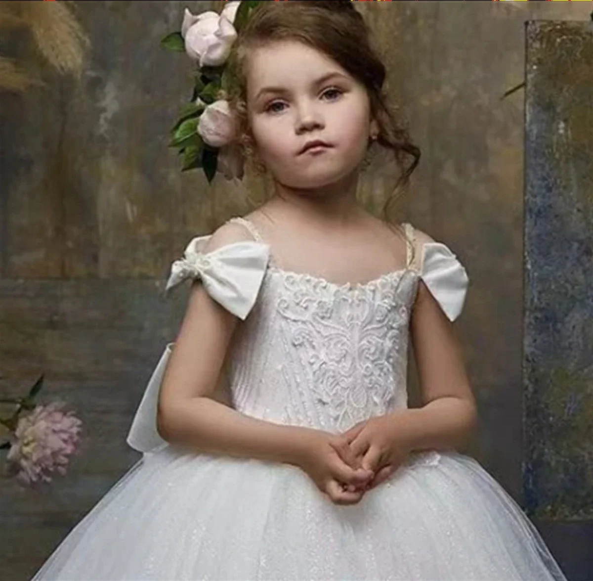 Vestido de niña de flores blanco esponjoso y brillante, Apliques de encaje, cinturón de pajarita, boda, flor elegante, vestido de cumpleaños de comunión para niños