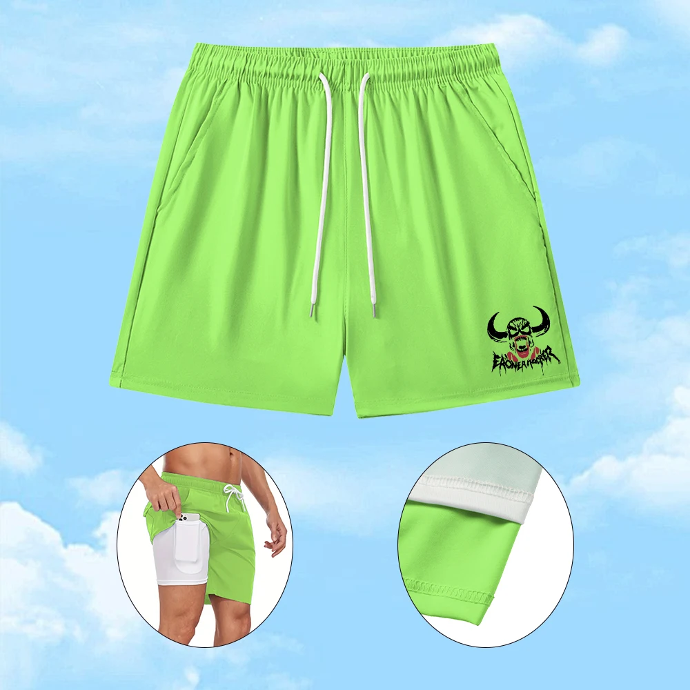 Men's Quick Drying Breathable Fitness Shorts Devil Print 2026 New Style Double Layer Beach Shorts Swim Trunks With Phone Pocket