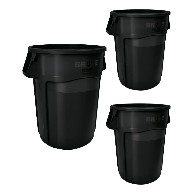 Rubbermaid Commercial Products BRUTE Heavy-Duty Round Trash/Garbage Can with Venting Channels, 44-Gallon,Pack of 3