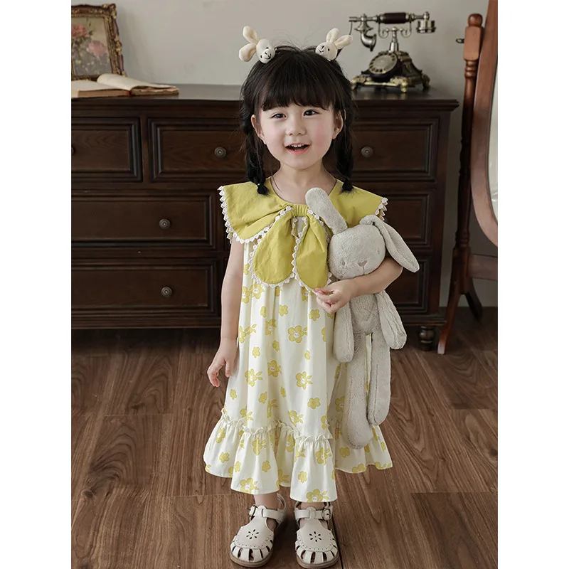 

Girls' Bow Tie Lapel Dress Thin Summer New Cute Rabbit Ear Princess Dress