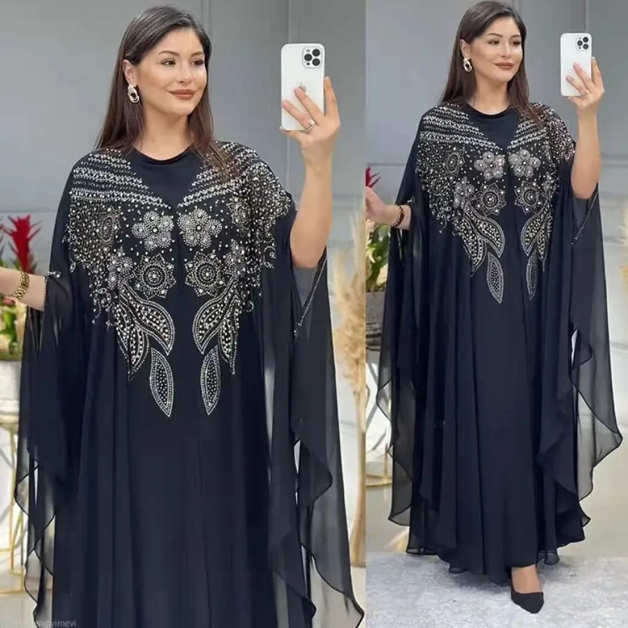 

New African Dashiki Women's Fashion Abaya Stylish Chiffon Fabrics Hot Drilling Loose Long Dress Free Size + Inside