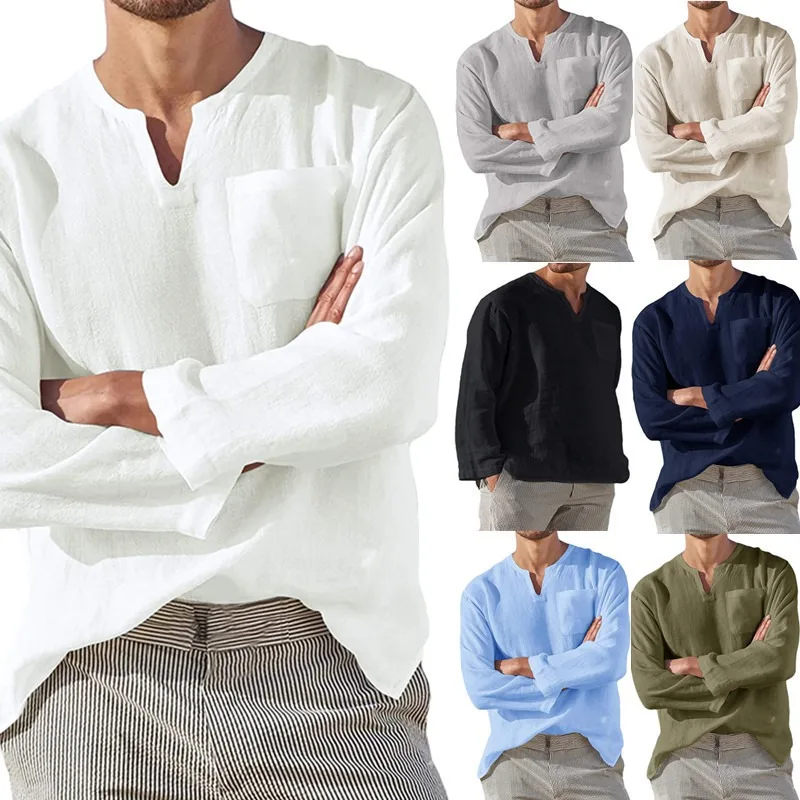 

Spring Men Shirts Long Sleeve V-neck Casual Beach Linen Loose Shirt Men