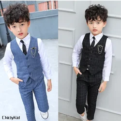 Meninos Plaid Wedding Vest Blazer, Colete infantil, Terno de vestido formal da criança, Criança Broche Camisa Calça, Baby Gentlemen Outfit Set