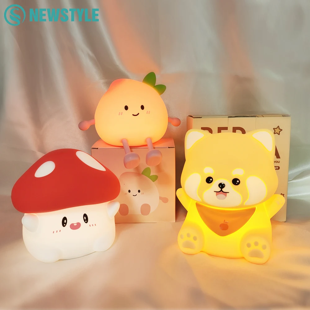 Cute Mushroom Night Light 2 Levels Dimmable Nursery Nightlights Rechargeable Peach Bedside Touch Silicone Lamp For Gift