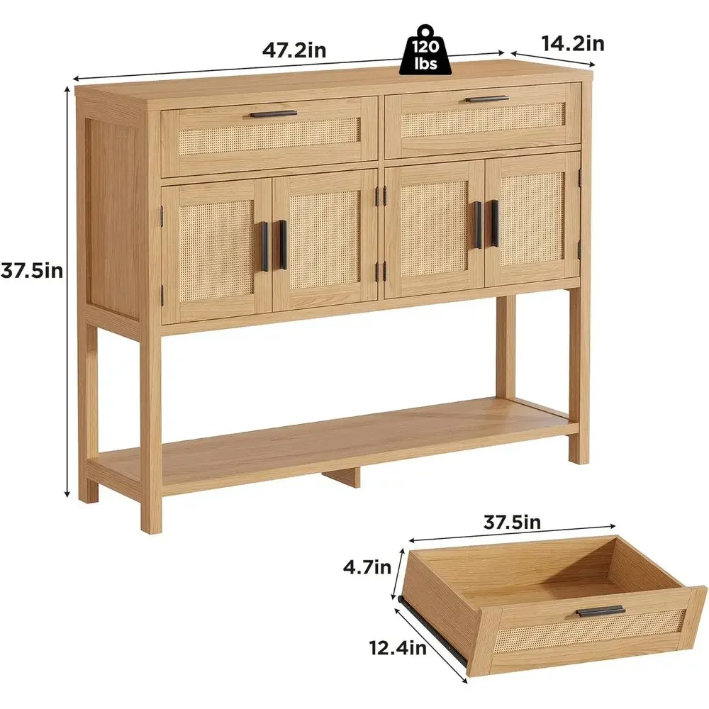 Large Storage Entryway Console Table, Rattan Cabinet Sofa Side Table, Versatile Living Room, Hallway Furniture, Natural Wood Ton view 2