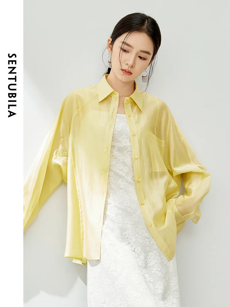 SENTUBILA Simple Loose Long Sleeve Casual Blouse 2024 Spring Summer Solid Polo Collar Button Up Women's Shirt Clothing 141C53439