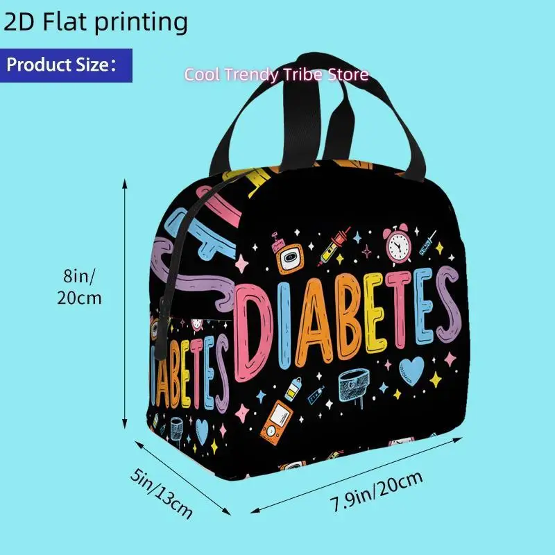 1pc, Vibrant "DIABETES" Text with Colorful Medical Icons on a Black Background Printed Insulated Cooler Bag - Reusable Portable view 2