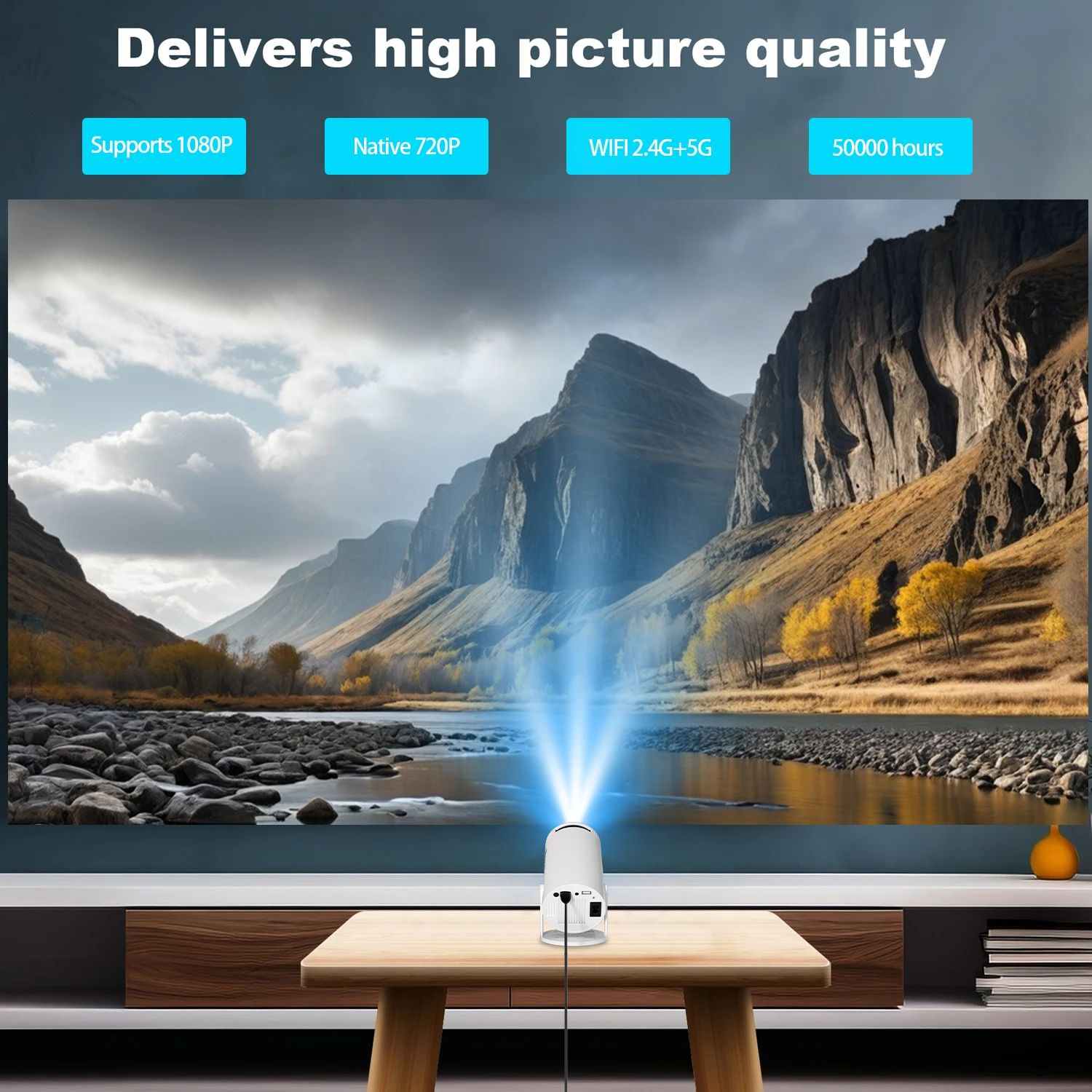 4K projector, HD projector, equipped with WiFi/Android system/wireless, 180 degree rotation, compatible with multiple devices