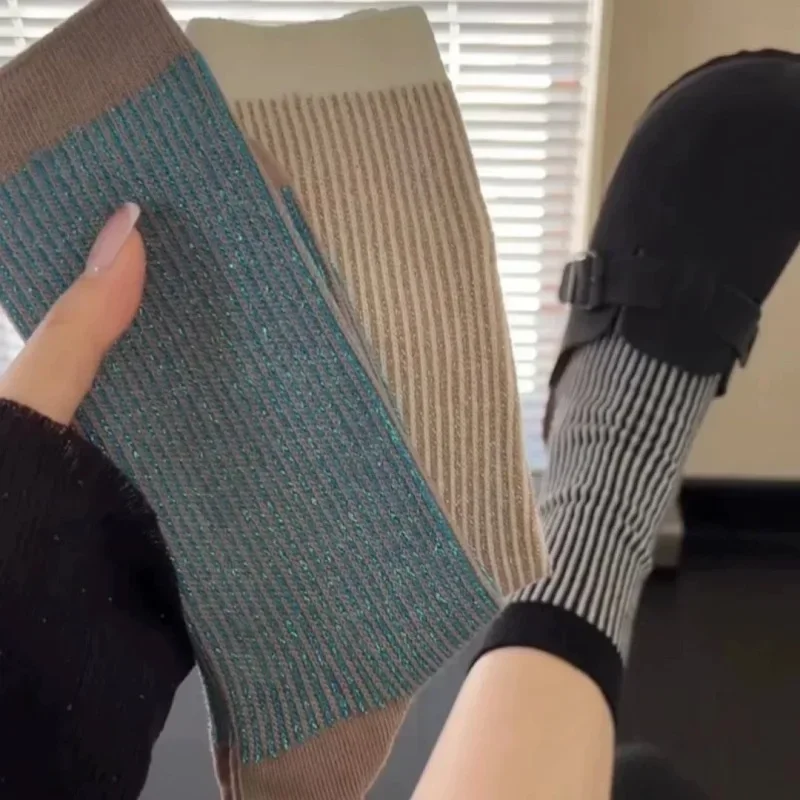 

Шелковые носки золотого и серебряного цвета в стиле ретро, женские двойные дорожные носки до середины икры, модные модные хлопковые носки на осень-зиму