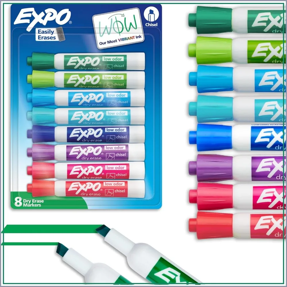 

Dry Erase Markers, Low Odor, Assorted Colors, Chisel Tip, 8 Pack - Whiteboard Essentials for Office, School, Classroom