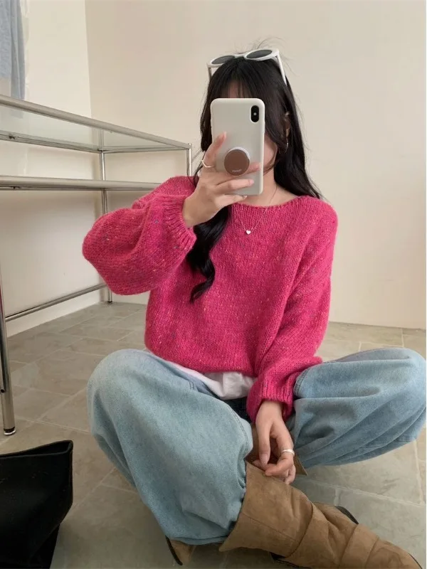 Loose Soft Cozy Long Sleeve Overhead Women's Fashionable Versatile Mixed Color Design Knitted Sweater Top Relaxing Style